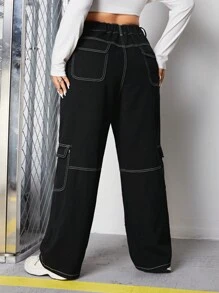 SHEIN ICON Plus High Waist Top-Stitching Flap Pocket Side Cargo Boyfriend Jeans - Black - View 2