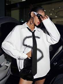 SHEIN ICON Graphic Print Drop Shoulder Shirt With Necktie - White - View 5