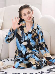 2pcs/set Spring And Autumn Girls' Pattern Printed Pajama Set - Blue - View 5