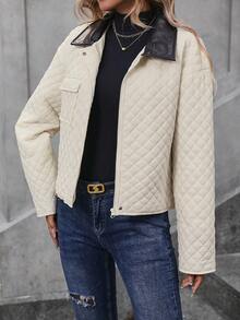 SHEIN Privé Contrast Collar Flap Pocket Drop Shoulder Quilted Padded Coat Clothes Winter - Black and White - View 6