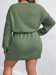 SHEIN LUNE Plus Cable Knit Drop Shoulder Drawstring Waist Sweater Dress - Green - View 2
