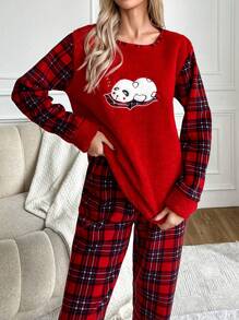 RueChic Cartoon Embroidered Plaid Flannel PJ Set - Red - View 3