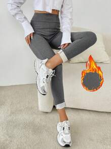 SHEIN Essnce 素色寬腰帶保暖緊身打底褲 - 灰色 - 查看 1