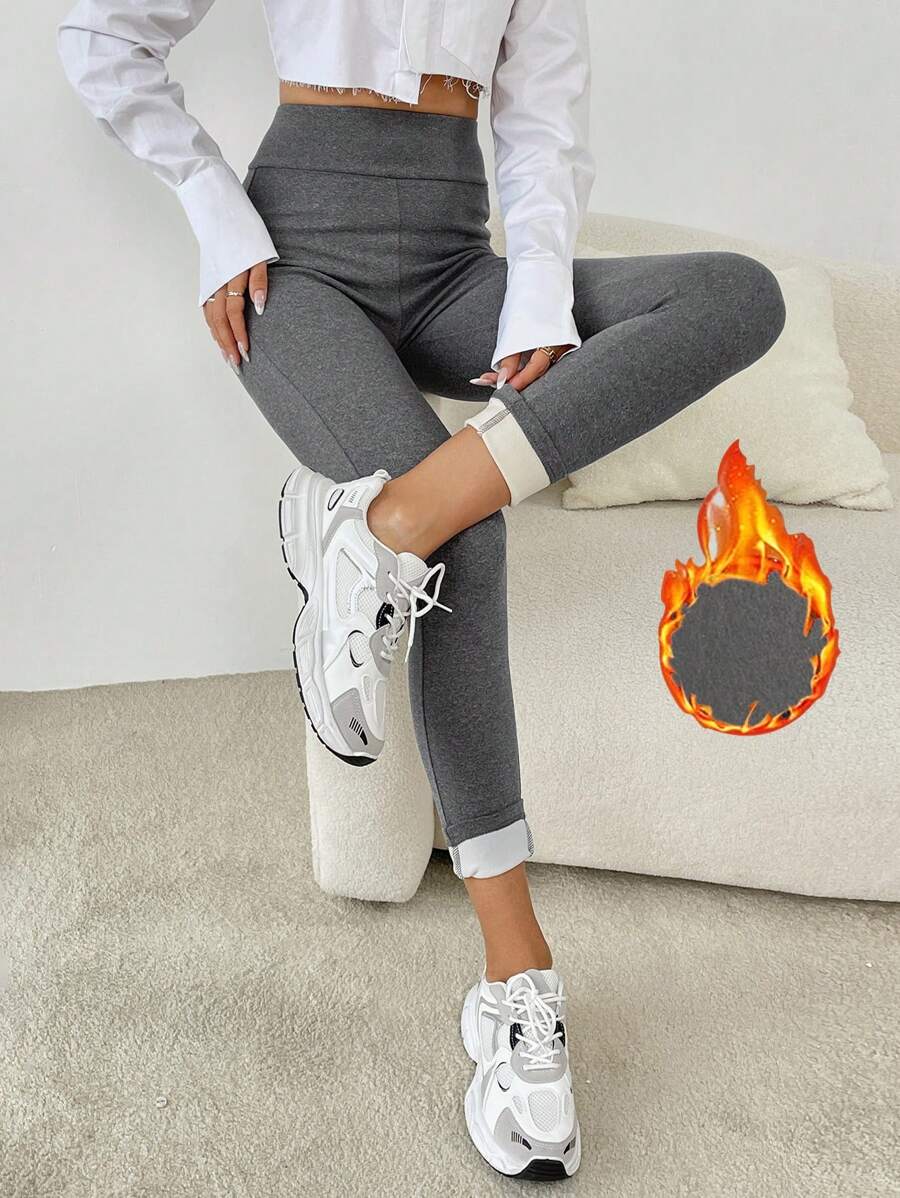 SHEIN Essnce 素色寬腰帶保暖緊身打底褲 - 灰色 - 查看 1