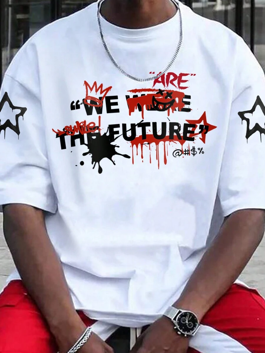 Manfinity Roughcore Men Slogan Graphic Short Sleeve Tee, Street Wear, Boyfriend Gift, For Going Out - White - View 1