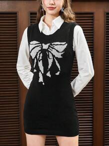SHEIN EZwear Hình Bướm Đầm Áo len Không có áo sơ mi - Đen và trắng - Xem 5