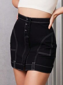 SHEIN SAIA SARJA PESPONTO CONTRASTANTE INVERTIDA FEMININO - Black - View 4