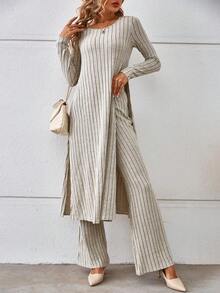 SHEIN Clasi Split Hem Tee & Flare Leg Pants - Apricot - View 5