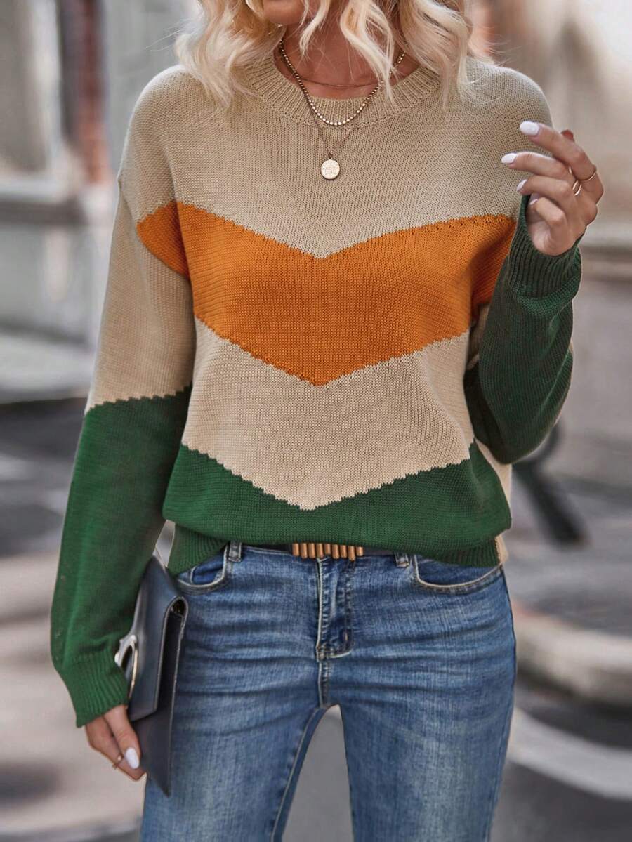 SHEIN LUNE Pull À Blocs De Couleurs À Chevrons Épaule tombante - Kaki - Voir 1