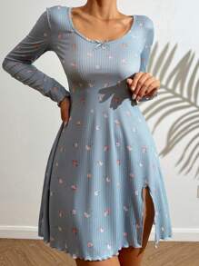 Floral Print Lettuce Trim Split Hem Pajama Nightdress Perfect Summer, Fall, Winter