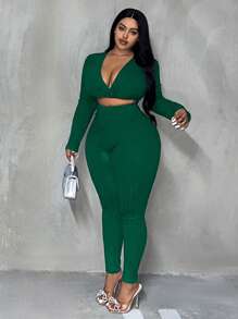 Slaydiva Plus Size Women's Deep V-neck, Hollow Out Waist Jumpsuit - Green - View 3