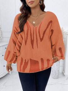 Calvaya 大碼圖形圖案蝙蝠袖套頭毛衣 - 亮橙色 - 查看 4