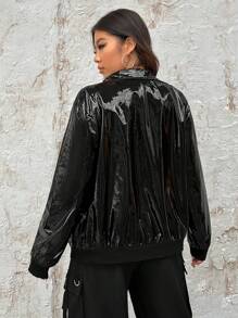 SHEIN EZwear Plus Zip Up PU Leather Jacket - Black - View 2