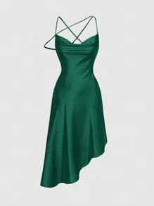 SHEIN MOD 素色交叉露背不對稱下擺吊帶洋裝 - 綠色 - 查看 1