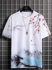 Manfinity Homme Men Plus Size Casual Short Sleeve T-Shirt With Colorful Floral & Landscape Graphic Print, For Going Out - White - View 1