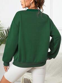 SHEIN EZwear 豹紋&字母圖案落肩袖運動衫 - 綠色 - 查看 2