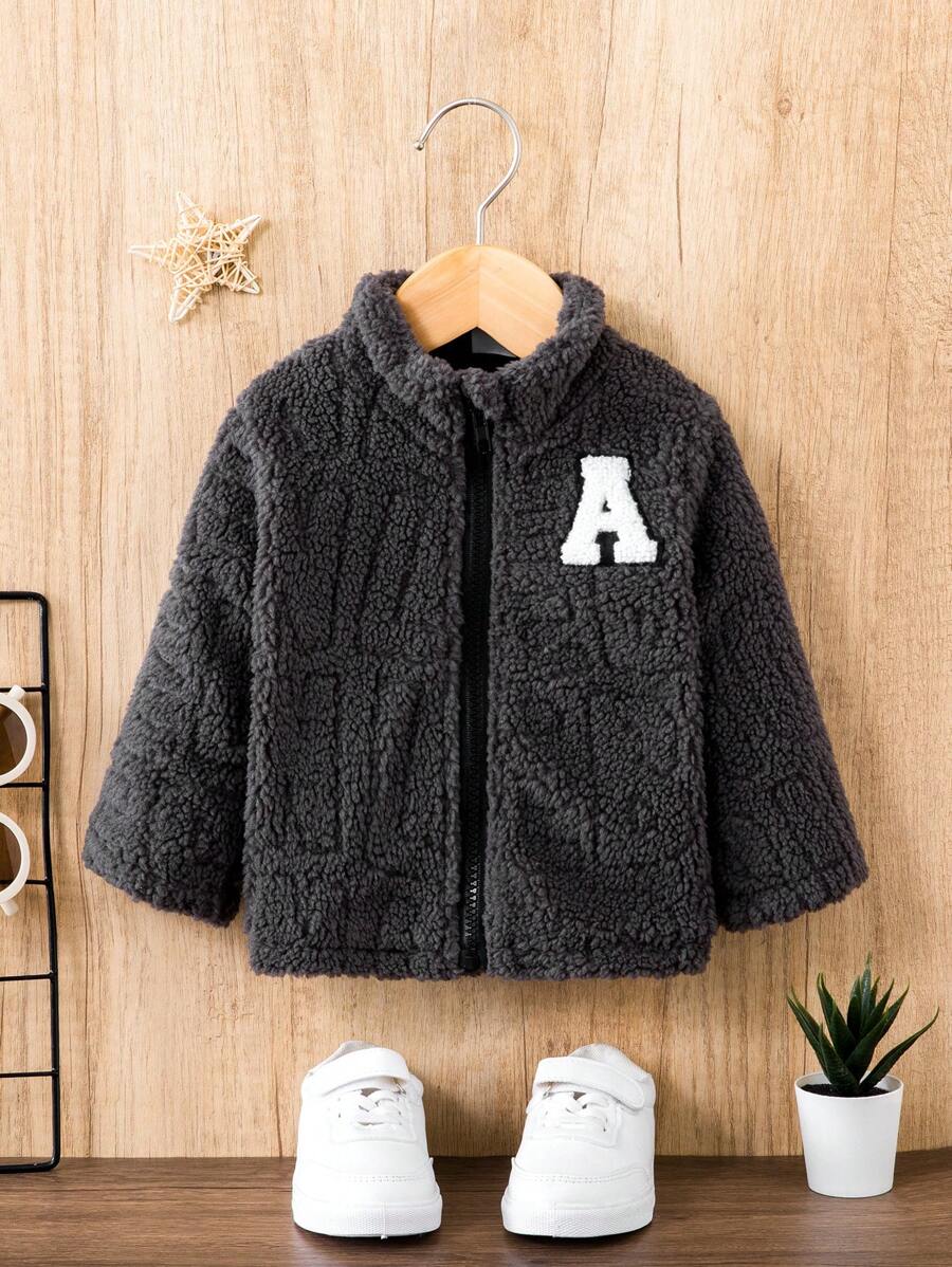 Bebé niño Abrigo teddy con parche de letra con cremallera