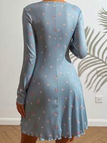 Floral Print Lettuce Trim Split Hem Pajama Nightdress Perfect Summer, Fall, Winter