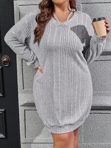 SHEIN LUNE 大碼條紋針織落肩袖洋裝 - 淺灰色 - 查看 4