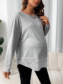SHEIN Maternity Ditsy Floral Print Button Split Back Drop Shoulder 2 in 1 Tee - Grey - View 3
