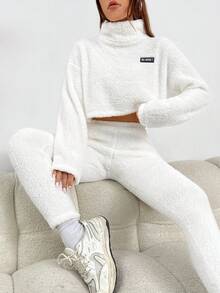 SHEIN EZwear 女士高領印花衛衣和方格裝褲套裝 - 白色 - 查看 5