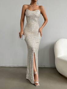 EURMUSE Women's Strapless Sparkly Dress With Front Slit - Champagne - View 4