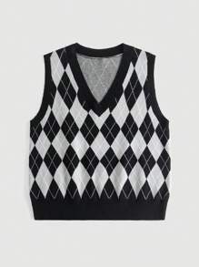 SHEIN Qutie Hơn Họa tiết Argyle Áo len vest - Xám - Xem 3