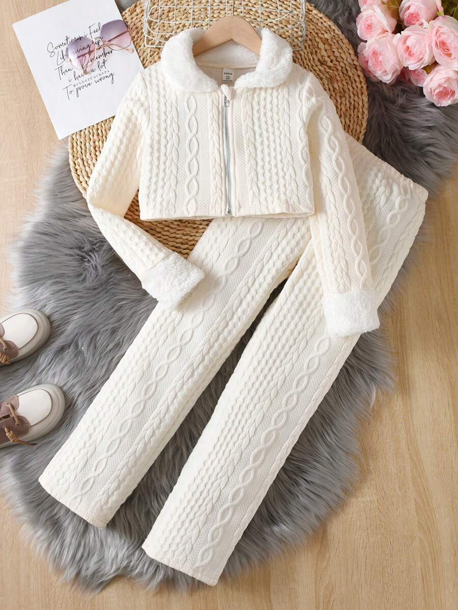 SHEIN Cô gái Tween Dây kéo Áo khoác Và Dài Quần Ấm áp Bộ - Nhiều màu - Xem 1