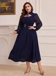 Modelyn 女款大尺寸鏤空結領燈籠袖連身裙 - 藏蓝色 - 查看 6