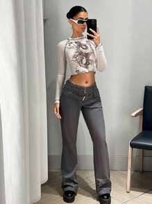 SHEIN ICON Solid Belted Flare Leg Pants