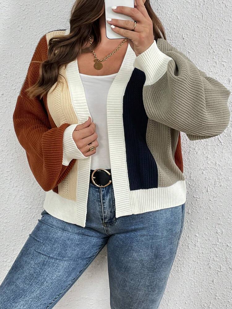 Plus Size Color Block Drop Shoulder Cardigan