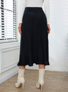 SHEIN Privé Solid Ruffle Hem Knit Skirt - Black - View 3