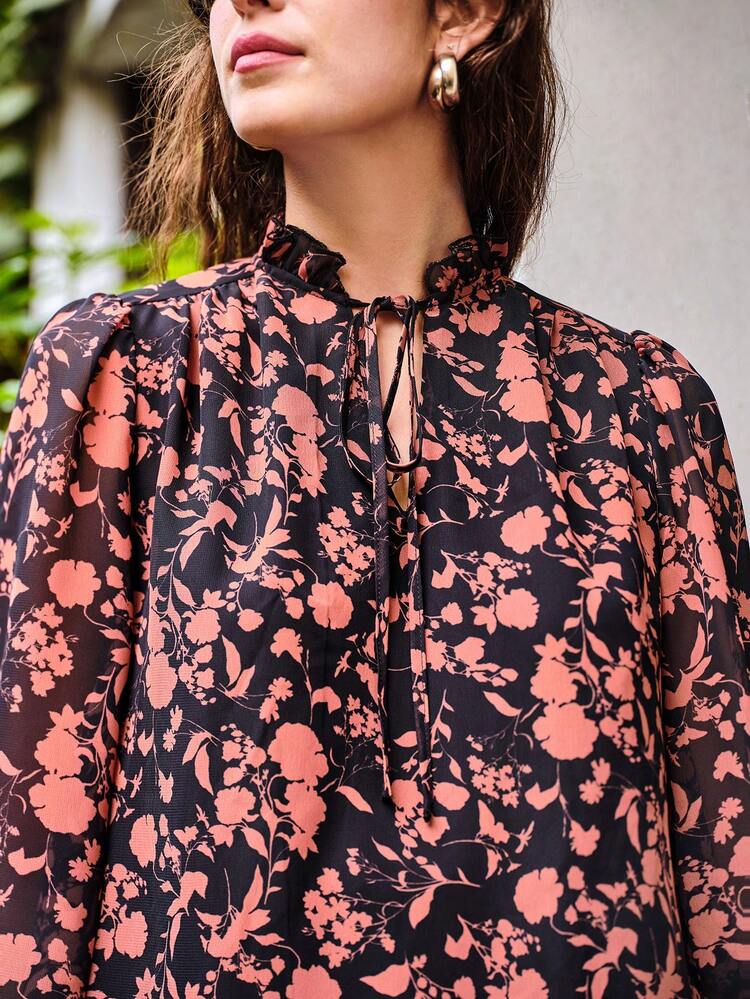 Women's Knot Collar Floral Print Shirt