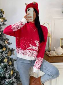 Christmas Pattern Mock Neck Drop Shoulder Sweater