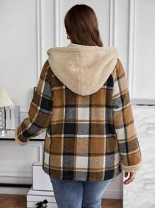 SHEIN LUNE Áo khoác trùm đầu lót vải kẻ caro Plus Teddy cho mùa đông - Nhiều màu - Xem 3