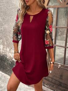 SHEIN Clasi 花卉刺繡網紗袖鎖眼領洋裝 - 紅色 - 查看 5