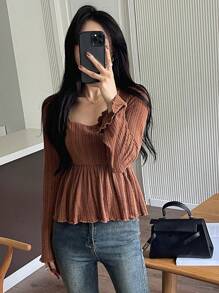 DAZY 方领生菜边荷叶边下摆 T 恤、荷叶边、娃娃装上衣学院风上衣长袖女式上衣 - 咖啡棕 - 查看 7