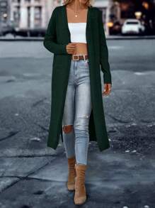 SHEIN LUNE Chất rắn Mở Mặt trước Thả vai Viền chia cắt Áo len Duster - Màu xanh lá cây đậm - Xem 3
