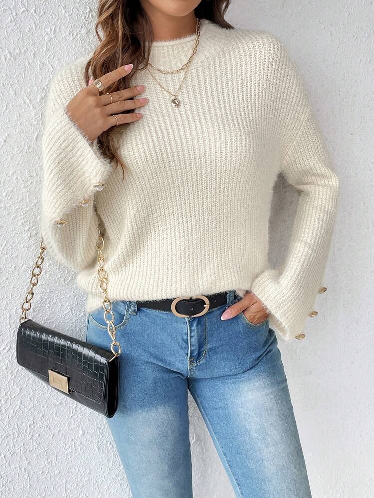 Mock Neck Drop Shoulder Button Detail Knit Pullover Fall Winter Sweater