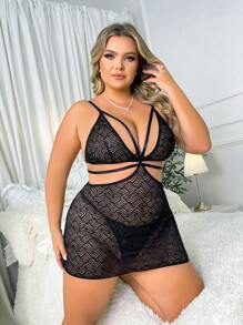 Plus Floral Lace Cut Out Slips With Thong