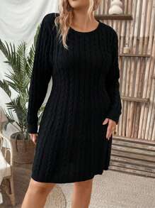 SHEIN LUNE Plus Cable Knit Drop Shoulder Sweater Dress - Black - View 4