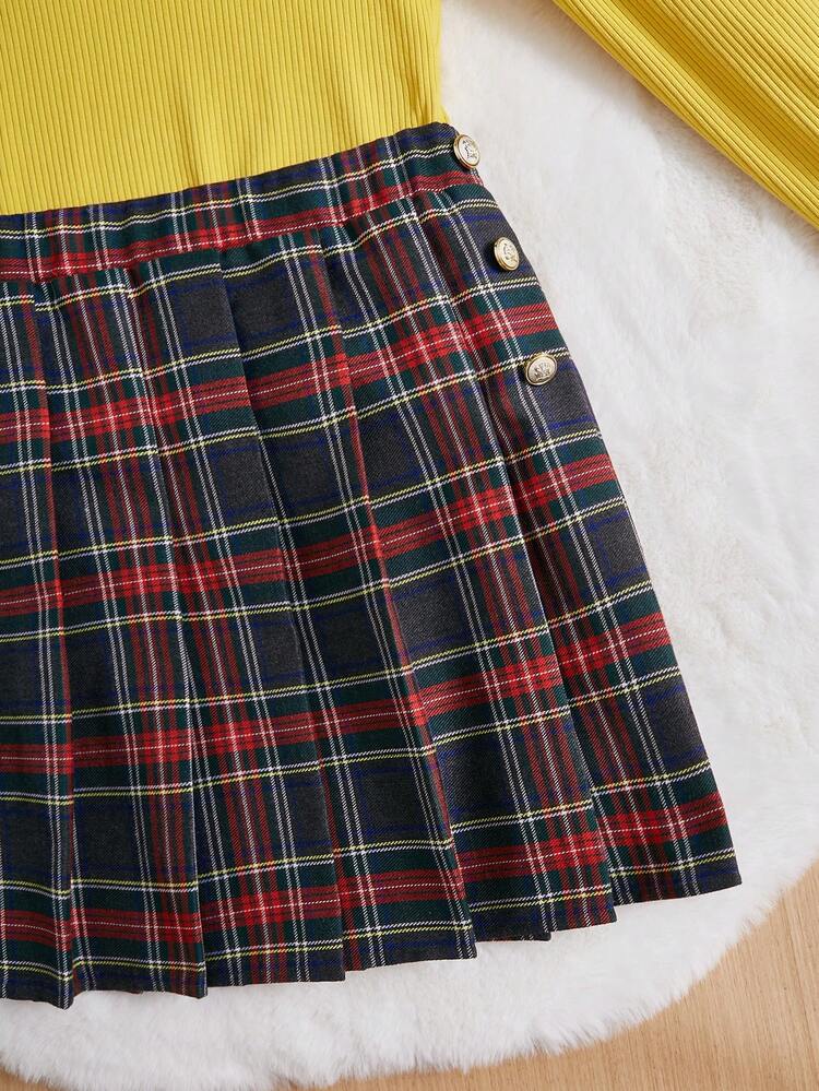 Tween Girls' Knitted Solid Color Textured Leg Of Mutton Sleeve Stand Collar Top & Plaid Skirt Set