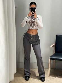 SHEIN ICON Solid Belted Flare Leg Pants