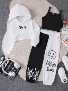 SHEIN 女小童字母圖案不對稱下擺連帽衫&吊帶上衣和運動褲 - 黑與白 - 查看 1