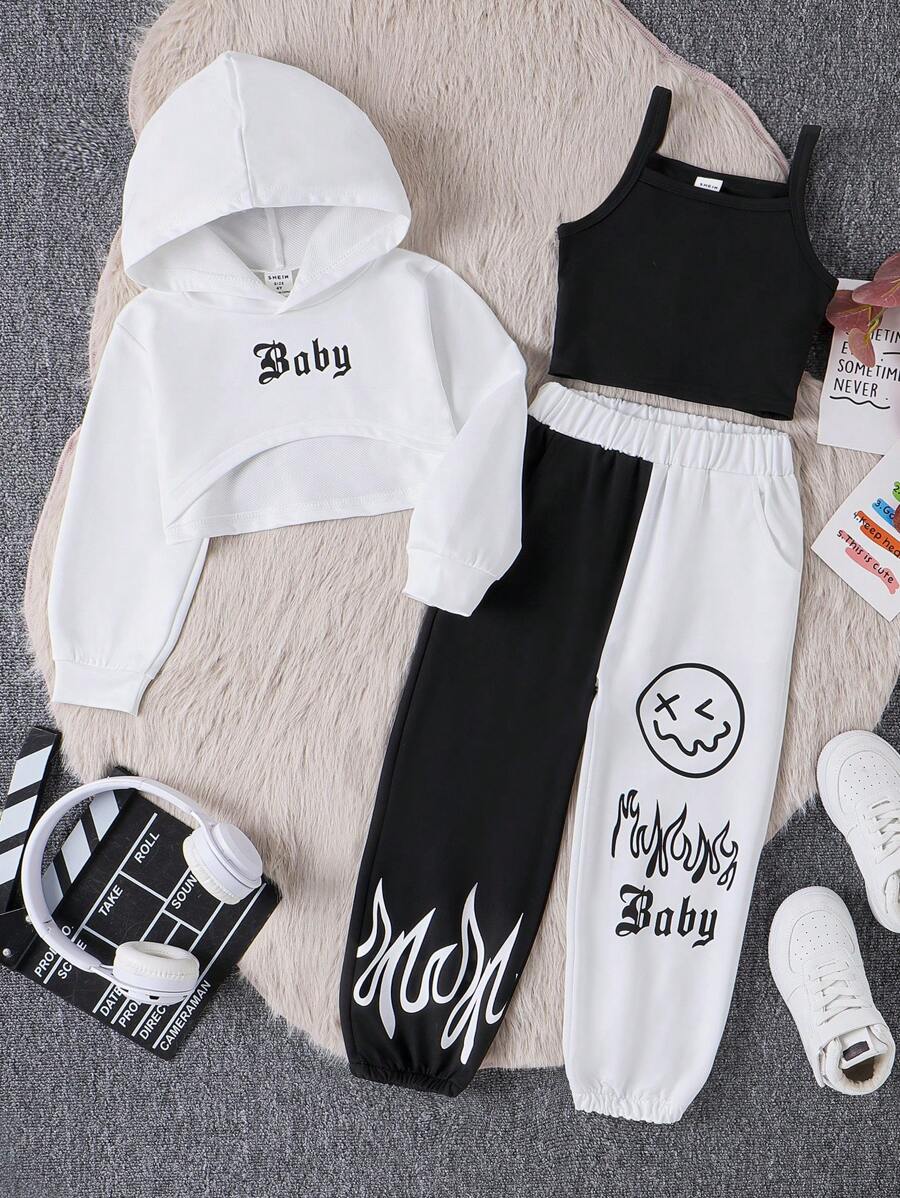 SHEIN 女小童字母圖案不對稱下擺連帽衫&吊帶上衣和運動褲 - 黑與白 - 查看 1