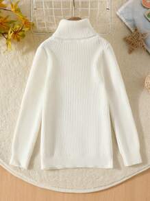 SHEIN Young Boy Turtleneck Cable Knit Sweater - White - View 2