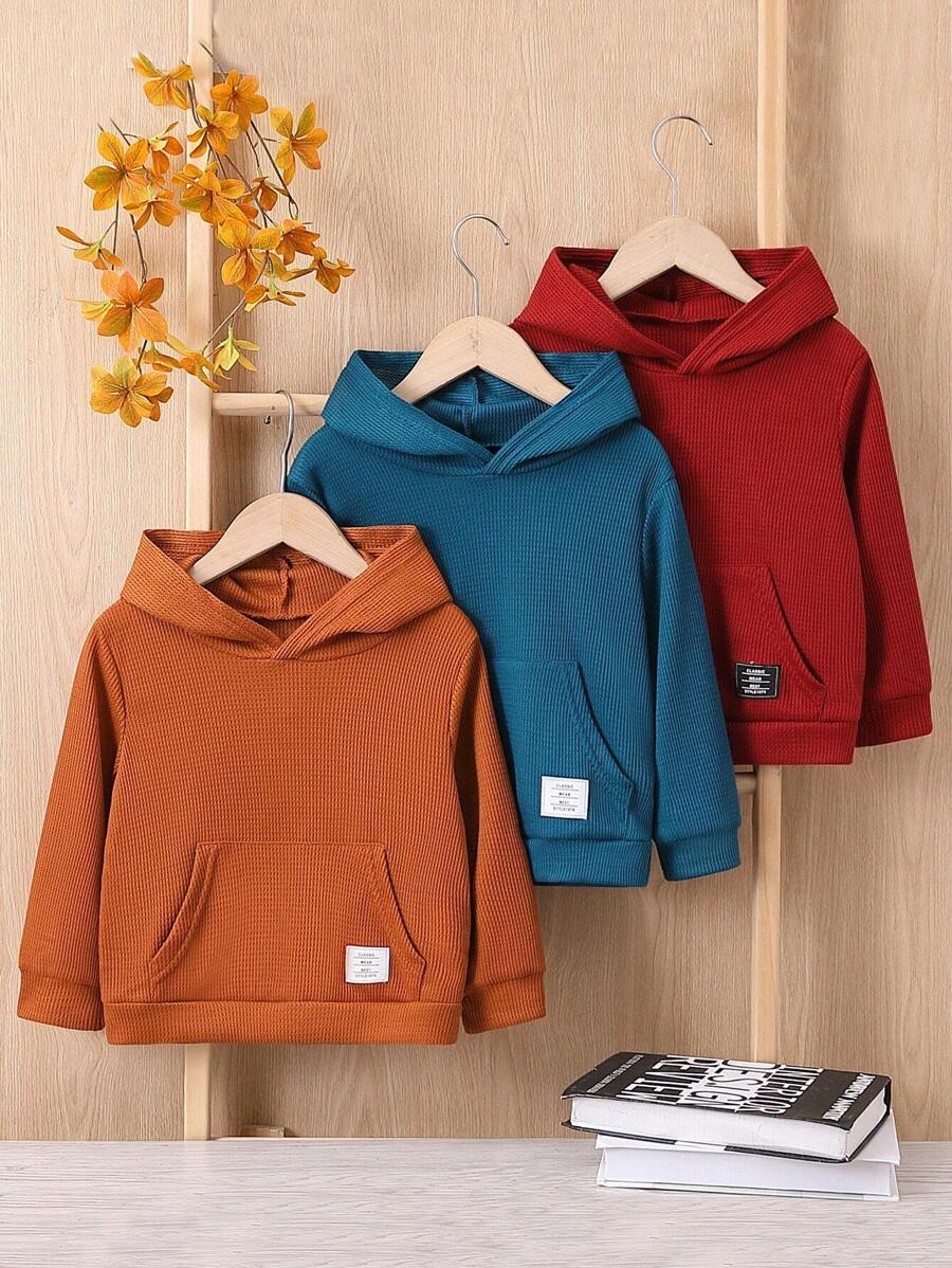 SHEIN Young Boy 3pcs Letter Patched Kangaroo Pocket Sweatshirt - Multicolor - View 1