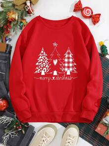 SHEIN EZwear Hơn Cây thông noel & Đồ họa Khẩu hiệu Lót nhiệt Áo nỉ - Đỏ - Xem 3