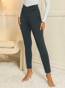 SHEIN Clasi Solid Asymmetrical Waist Leggings - Army Green - View 6