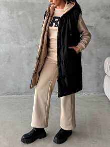 EURMUSE Zip Up Hooded Puffer Vest Coat - Black - View 6